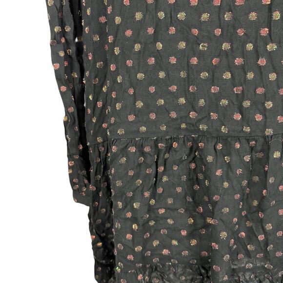 Ann Taylor Loft Black Metallic Polka Dot Long Sleeve Peasant Mini Dress sz L - Picture 12 of 16